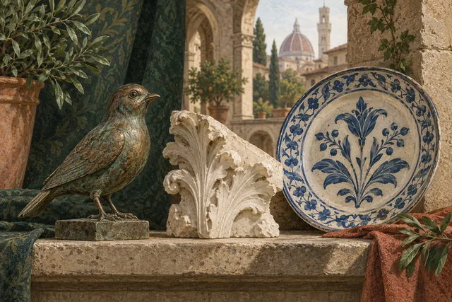 Illustrated bronze bird, carved marble leaf fragment and blue-and-cream ceramic plate