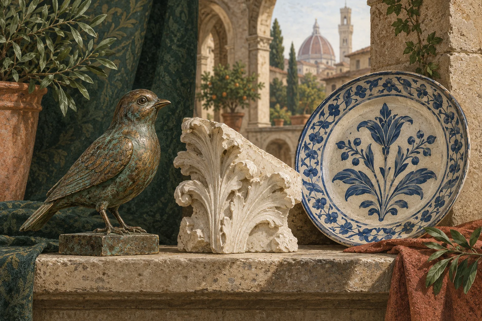 Illustrated bronze bird, carved marble leaf fragment and blue-and-cream ceramic plate