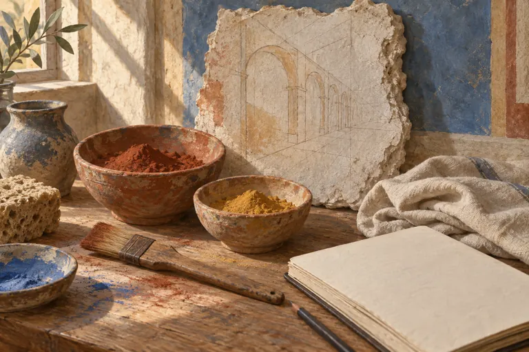 Illustrative still life of pigment bowls, a brush, linen and a plaster panel with a perspective sketch, evoking the materials of fresco painting.
