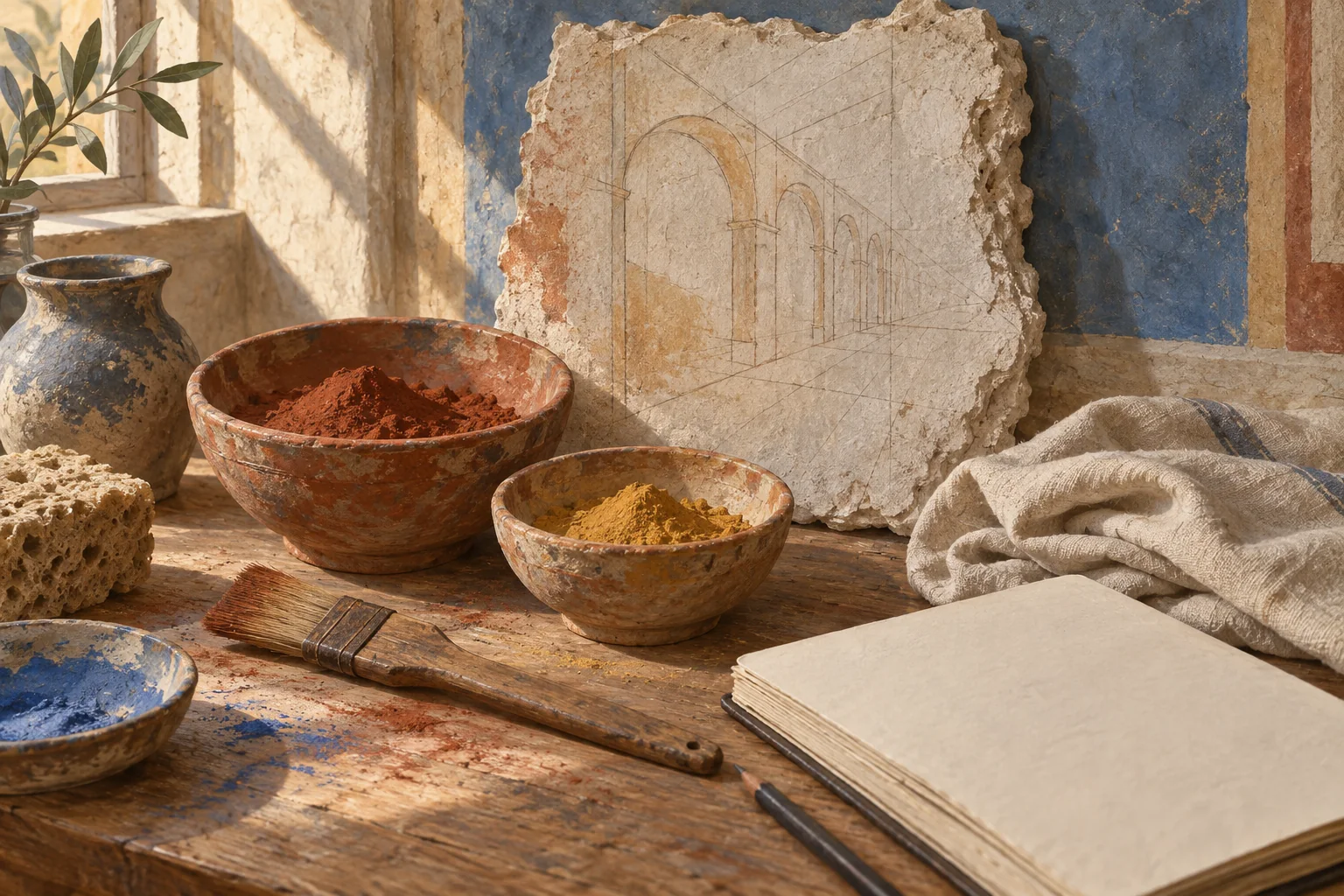 Illustrative still life of pigment bowls, a brush, linen and a plaster panel with a perspective sketch, evoking the materials of fresco painting.