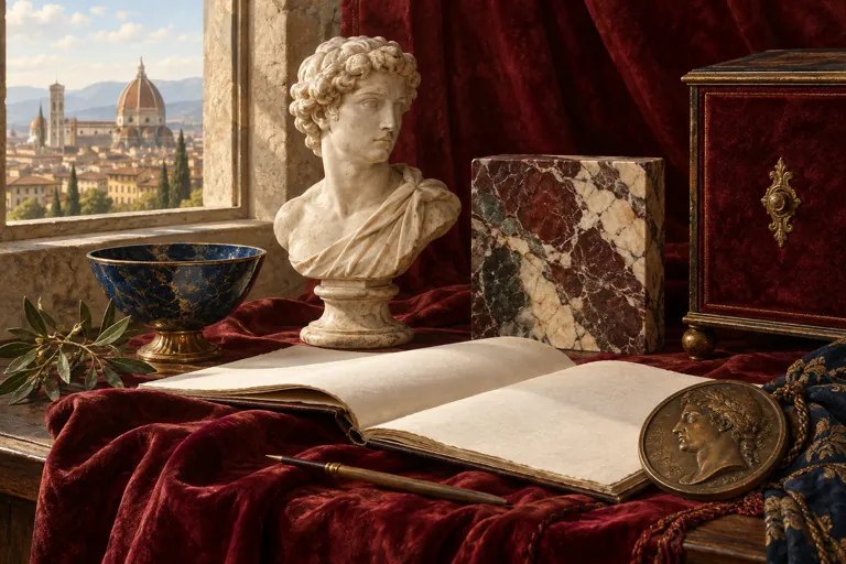 Editorial still life of a marble bust, polished stone, bronze medallion and blank folio beside velvet, suggesting the variety of a princely collection.