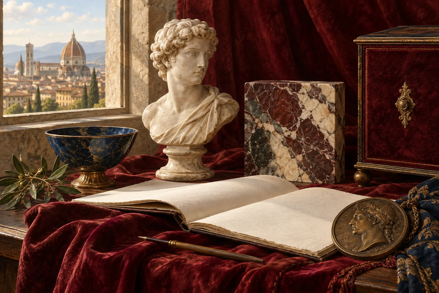 Editorial still life of a marble bust, polished stone, bronze medallion and blank folio beside velvet, suggesting the variety of a princely collection.