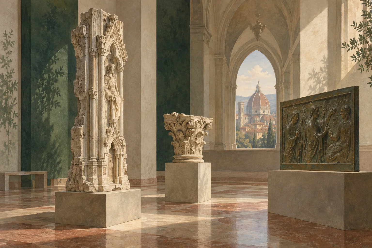 Conceptual gallery illustration with marble architectural fragments and a bronze relief inspired by Florence
