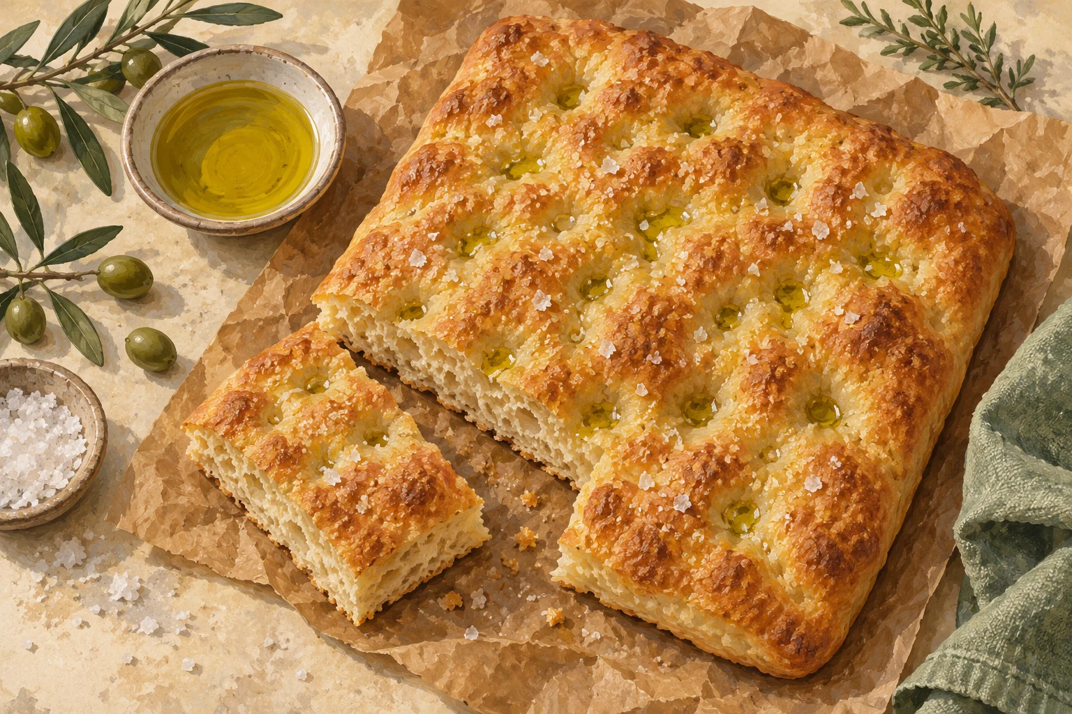 Gouache illustration of golden Tuscan olive-oil flatbread on bakery paper with a cut piece, salt and a small bowl of olive oil