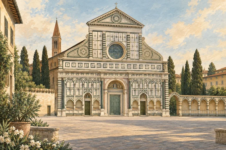 Painterly architectural interpretation of Santa Maria Novella’s white and green facade overlooking a sunlit Florence square
