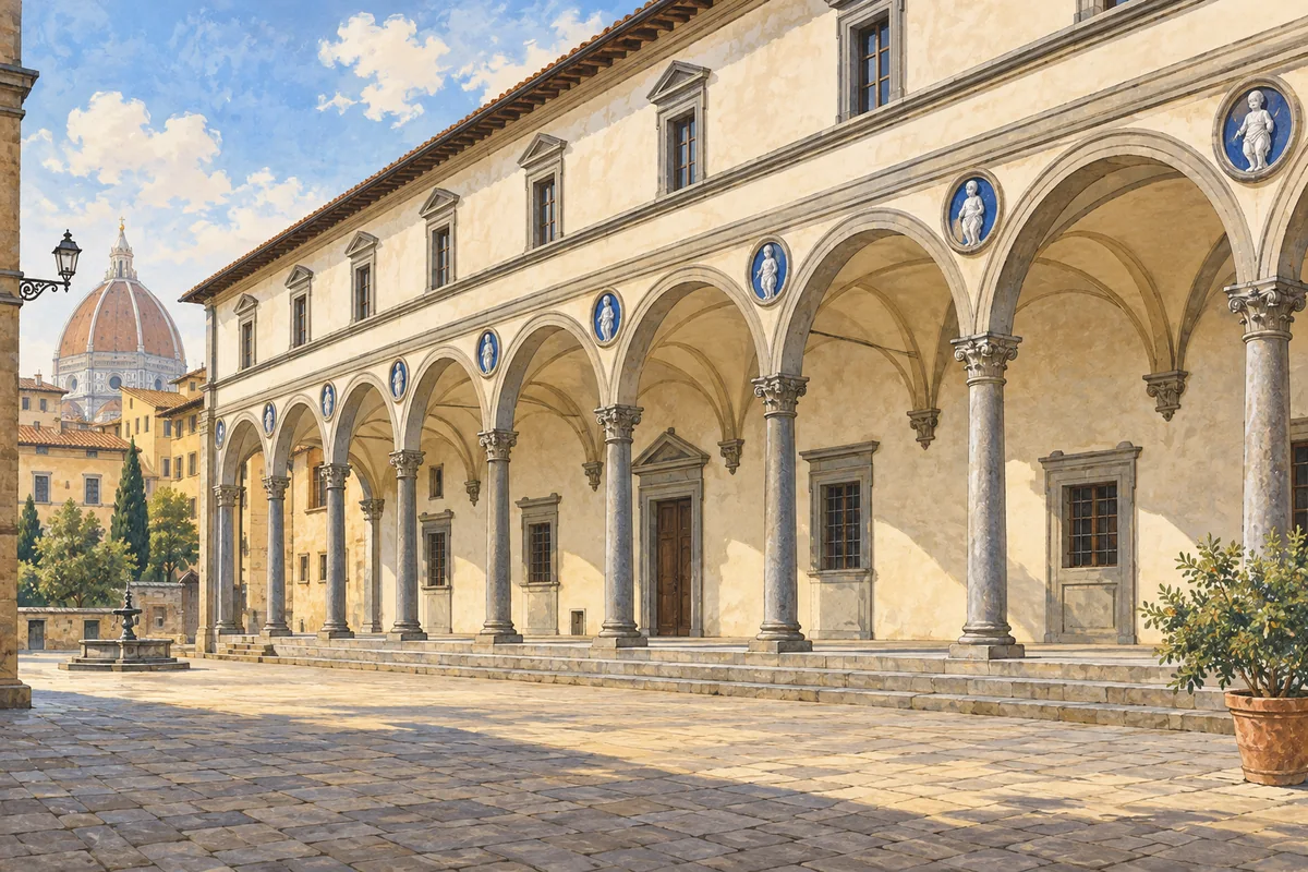 Editorial illustration of the Innocenti’s stone arches, pale plaster and blue terracotta roundels facing a quiet Florentine square.
