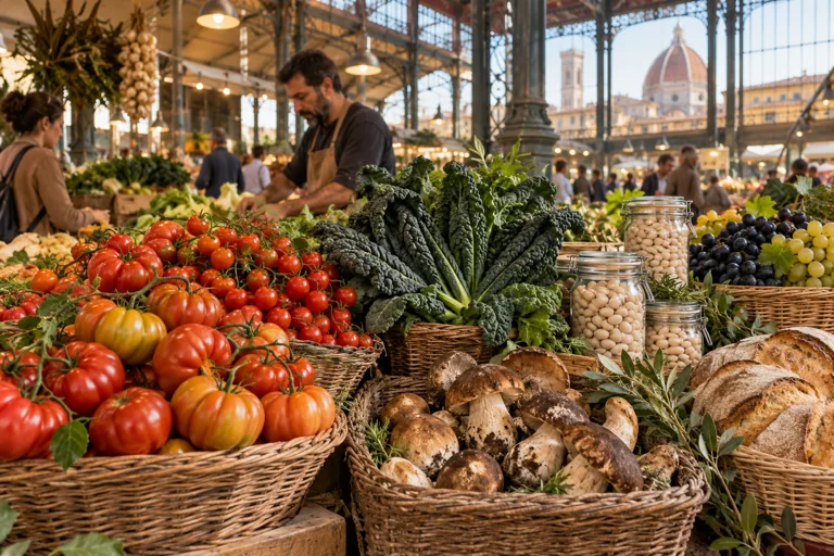 Illustration of tomatoes, leafy greens, beans and bread at a covered market stall.