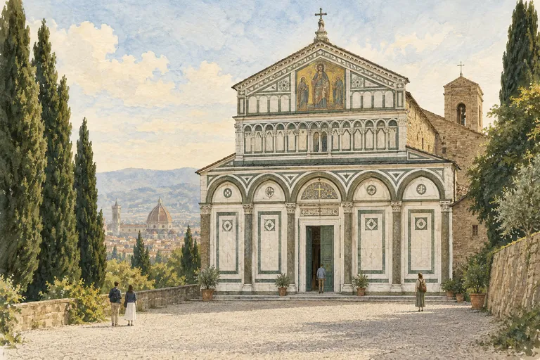 Editorial architectural illustration inspired by San Miniato al Monte’s green-and-white facade and hillside setting.