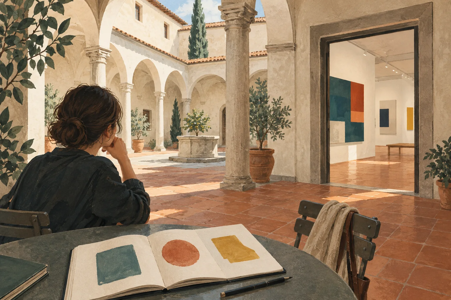 Editorial illustration of a cloister-inspired Florentine gallery setting with a notebook of abstract color studies.