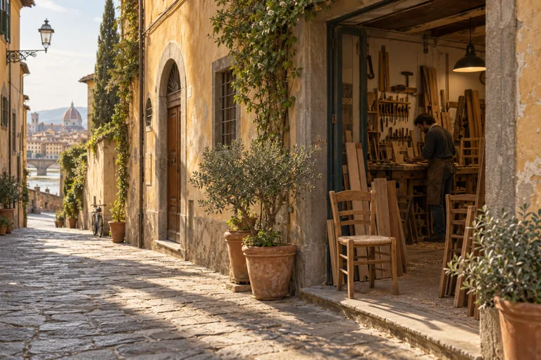 Illustration of an artisan at a woodworking bench beside an ochre Florentine lane.