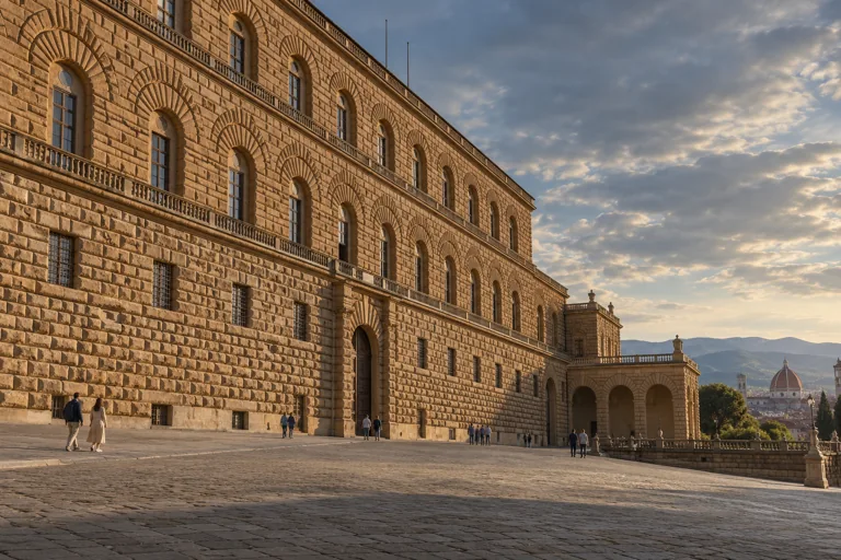 Illustration of the rusticated stone facade of Palazzo Pitti beside its sloping square.