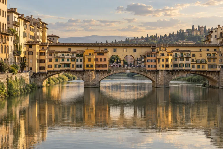 Illustration of Ponte Vecchio and its ochre shops reflected in the Arno.