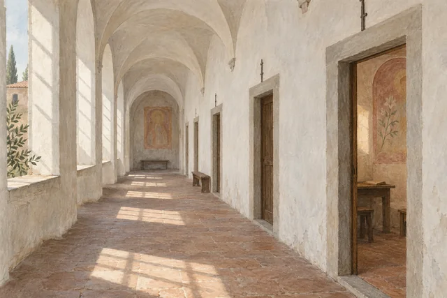 Editorial illustration of a quiet convent corridor, modest doorways and a glimpse of muted fresco colors, inspired by Florence’s San Marco.