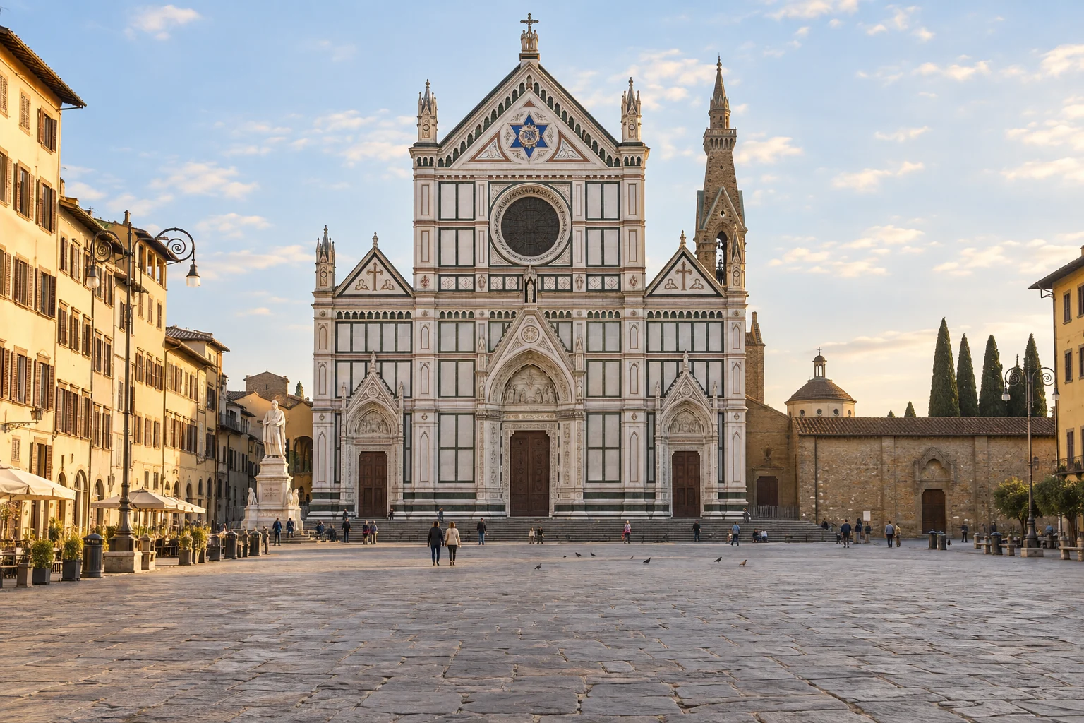 Illustration of the marble facade of Santa Croce facing its broad piazza.