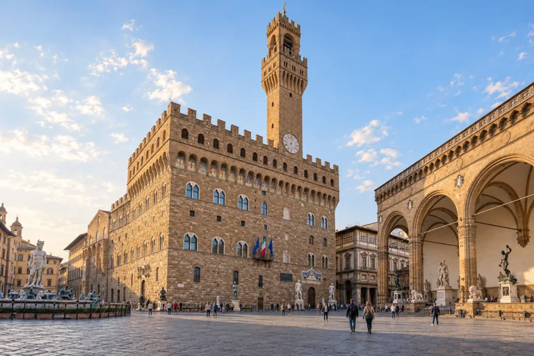 Illustration of Palazzo Vecchio and the Loggia dei Lanzi across Piazza della Signoria.