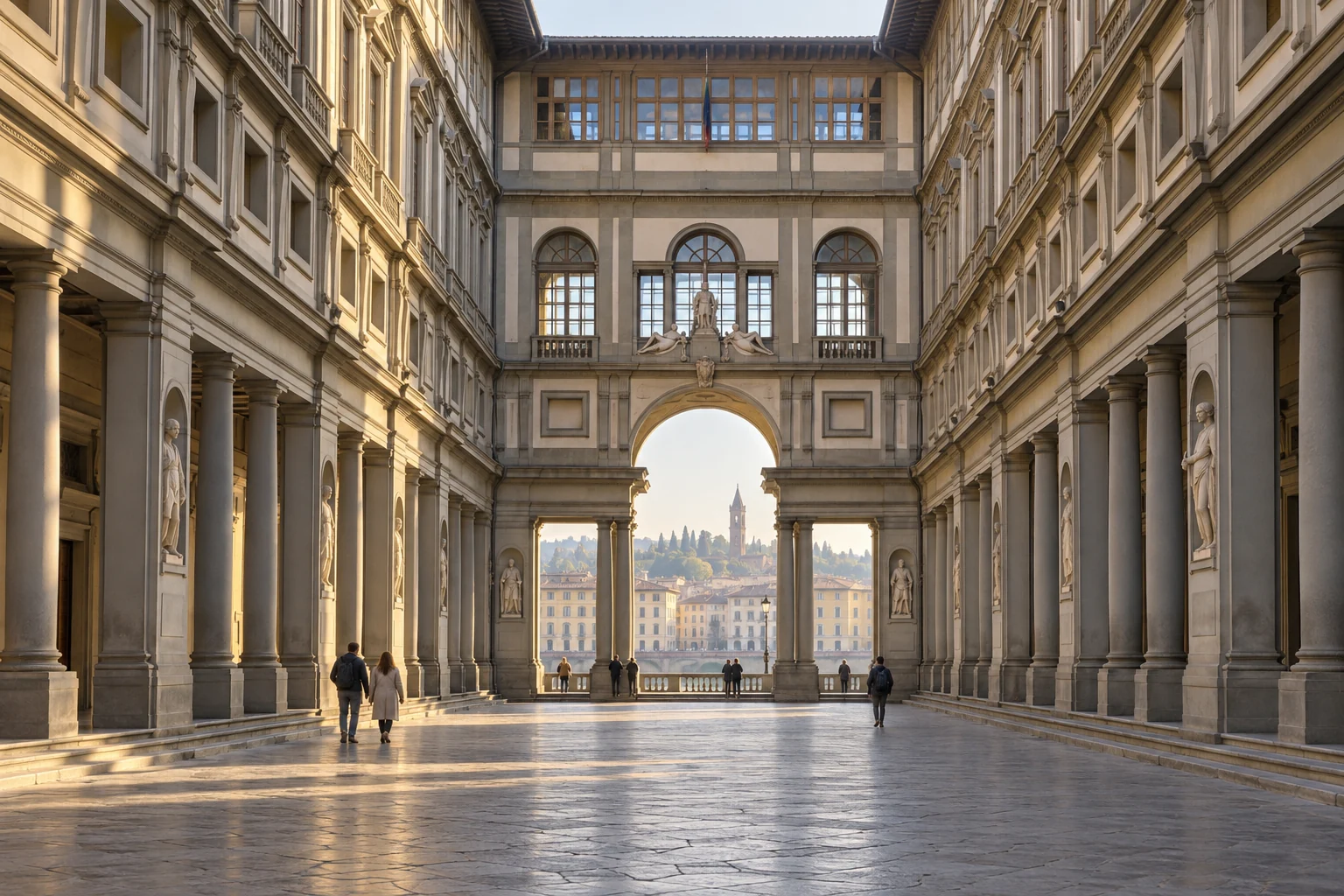 Illustration of Renaissance colonnades framing the Uffizi courtyard.