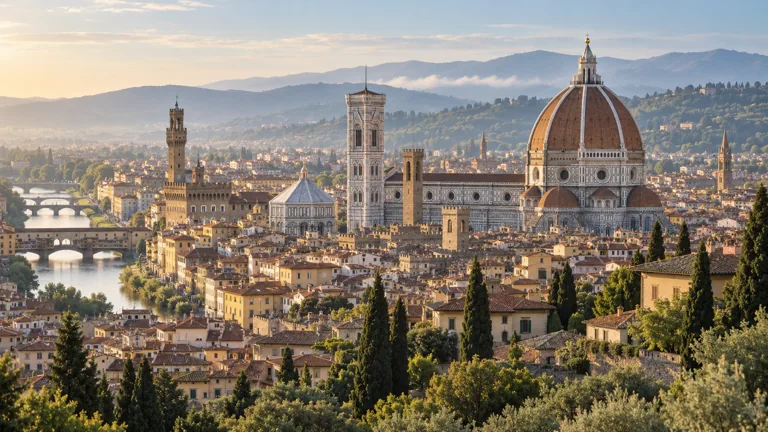 Illustration of Florence cathedral dome above terracotta rooftops and the Arno.